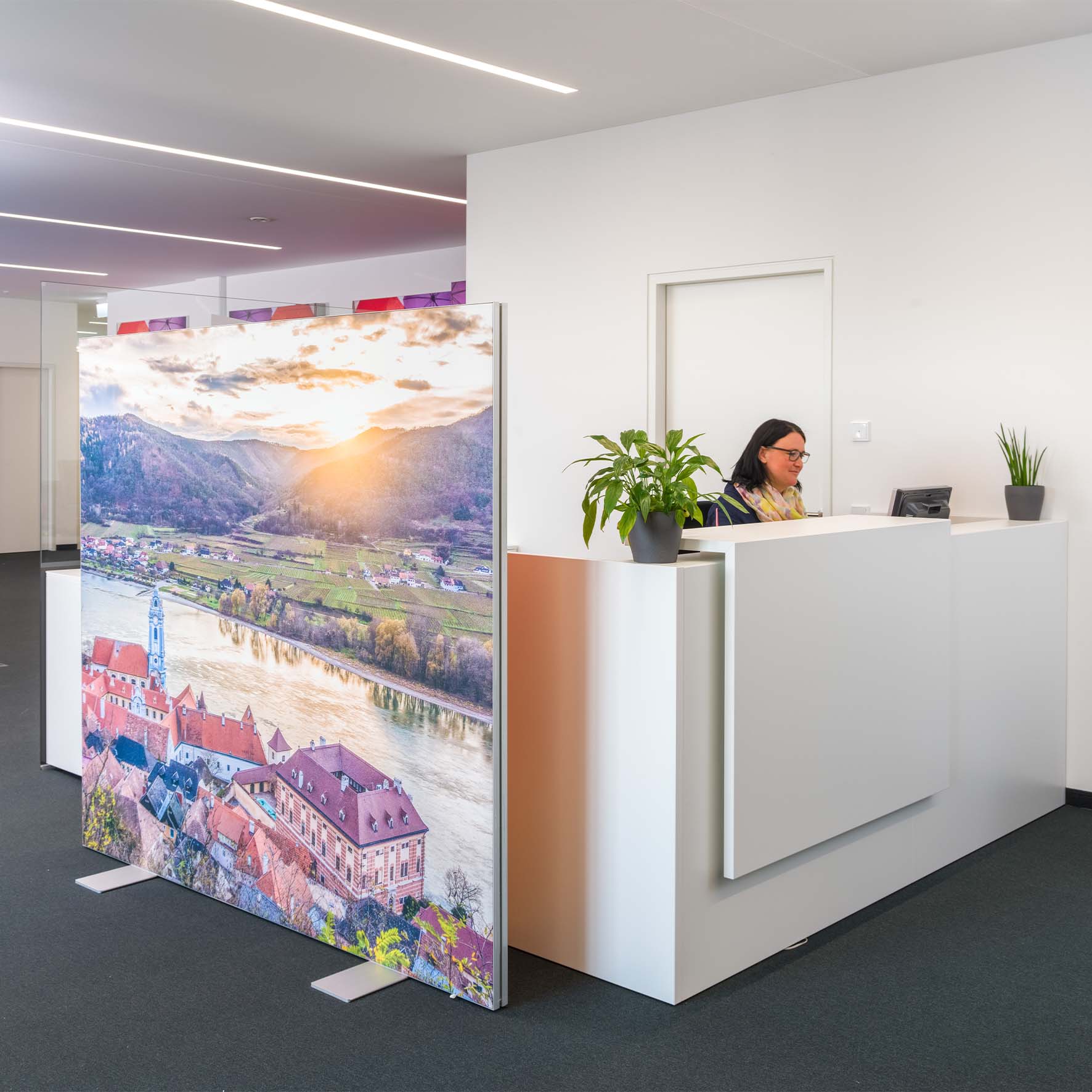 Freistehender Spannrahmen mit doppelseitiger Textilbespannung im Büro